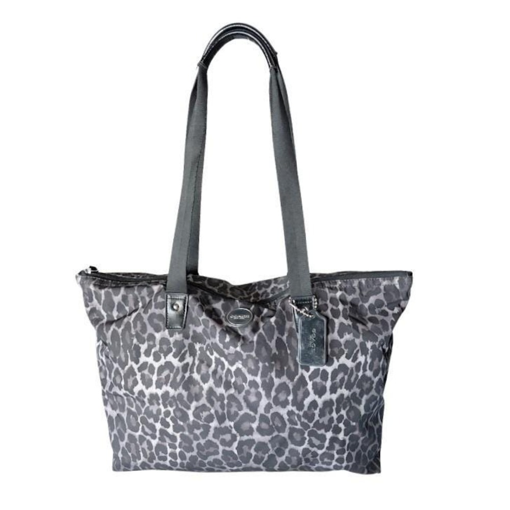Coach Black and Tan Leopard Print Nylon Zip Top Tote Bag Shoulder Purse Dustbag
